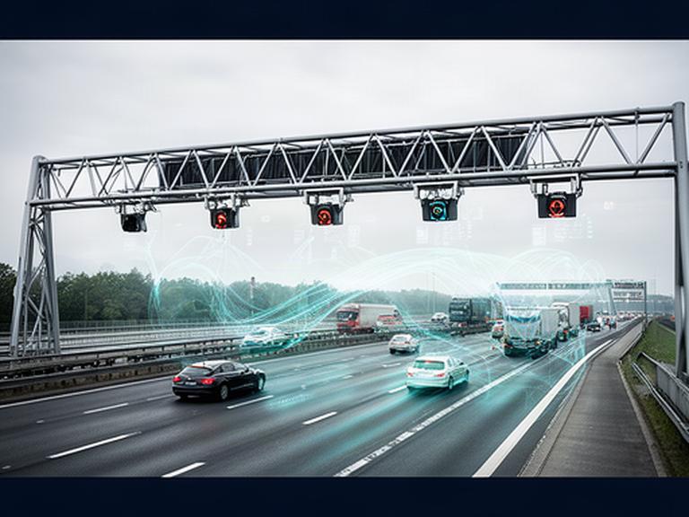 Mautbrücke über einer Autobahn mit digitaler Fahrzeugerkennung und Verkehrsdaten-Overlay