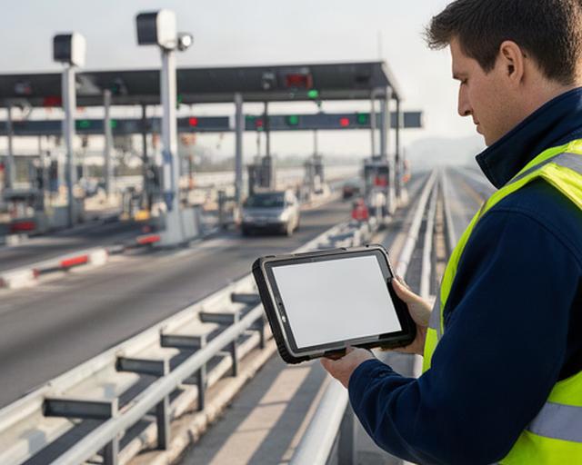 Techniker prüft Verkehrserfassung an einer mehrspurigen Mautstation bei Tageslicht